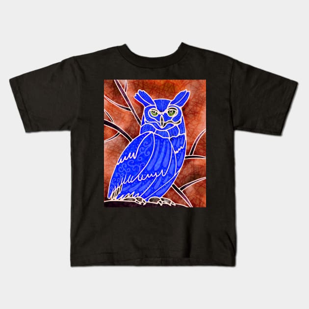 Boho Owl Blue on orange Kids T-Shirt by MarcyBrennanArt